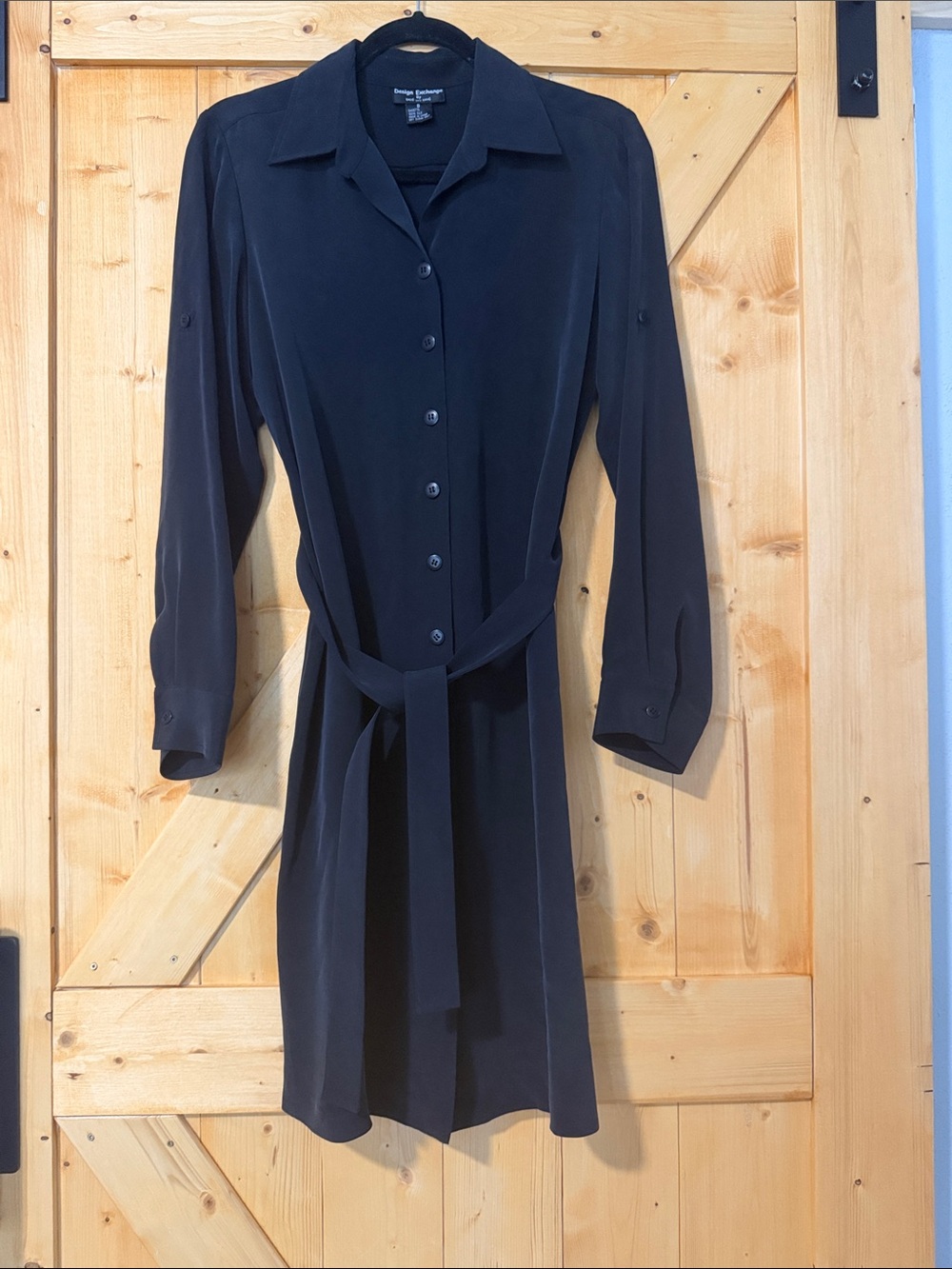 Design Exchange By DUÉ per DUÉ Black 100% Silk Belted Shirt Dress Size 8 EUC